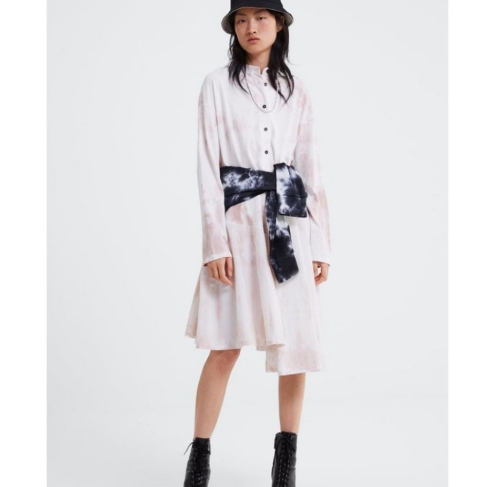 Zara asymmetrical White and blush Tie-Dye midi half button down oversized Dress